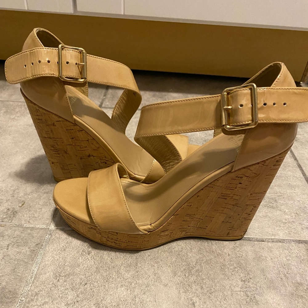 Stuart Weitzman Oneliner Wedge Sandal, Size 6.5, Nude